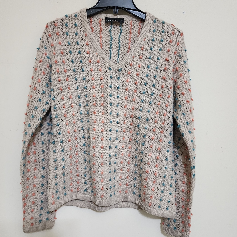 JAMES KENROB Sweater V-Neck Textured Knit vintage 1970s by Dalton ,‎ sz 18, Tan